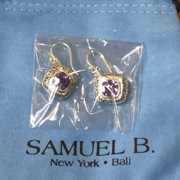 SAMUEL B. Sterling Silver Cushion Cut Amethyst Drop Dangle Earrings
